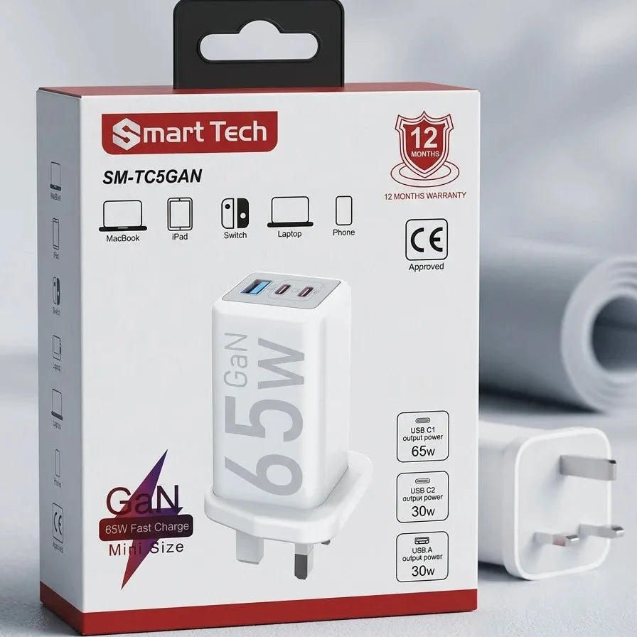 65W GaN Charger 3-Ports For laptop,mobile And Tablet| Premium Charger