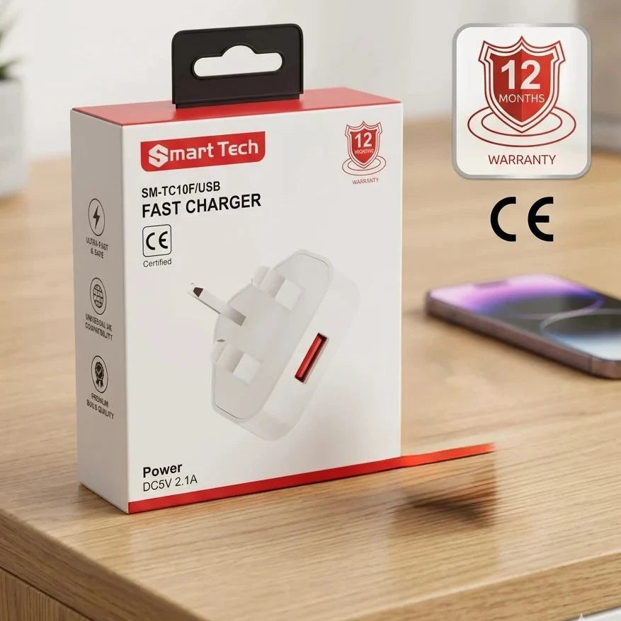 Smart Tech Fast USB Wall Charger | UK 3-Pin Plug | White